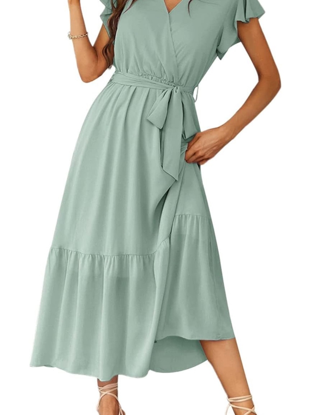 Light Sage Wrap Midi Dress with Tie Waist